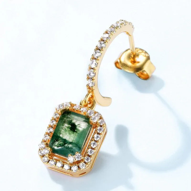Rectangular Moss Agate Halo Bar Drop Earrings — single earring side close-up showing post and halo setting
