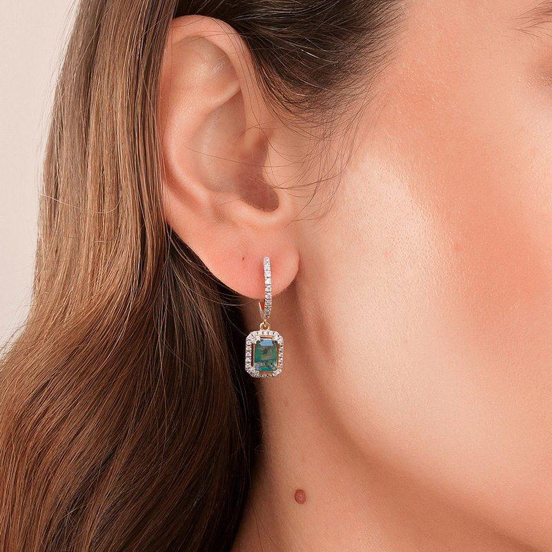 Rectangular Moss Agate Halo Bar Drop Earrings — single earring worn on the ear