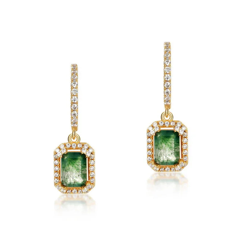 Rectangular Moss Agate Halo Bar Drop Earrings — alternate paired front view