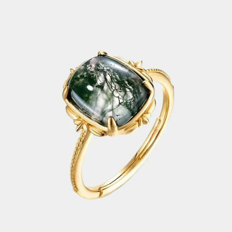 Rectangular Moss Agate Vine Frame Open Ring — isolated three-quarter gold-tone ring view
