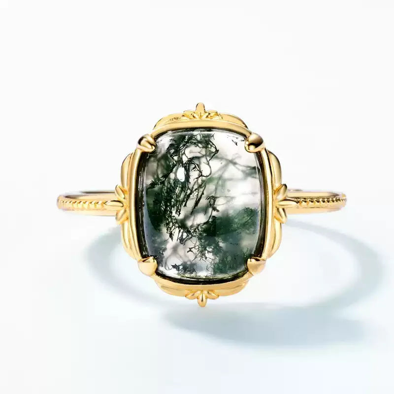 Rectangular Moss Agate Vine Frame Open Ring — front product view