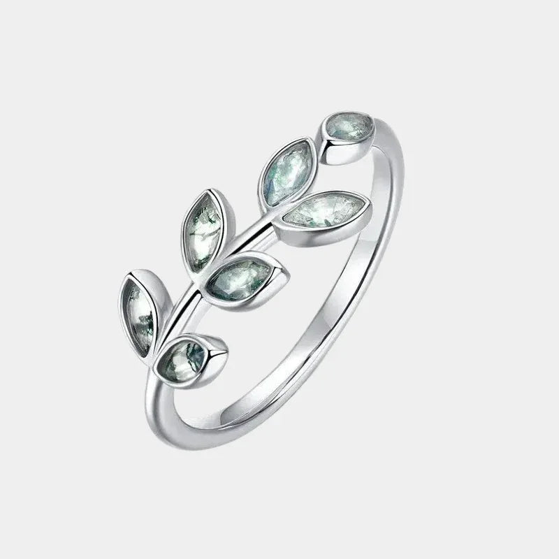 Moss Agate Leaf Vine Bypass Ring — isolated three-quarter ring view