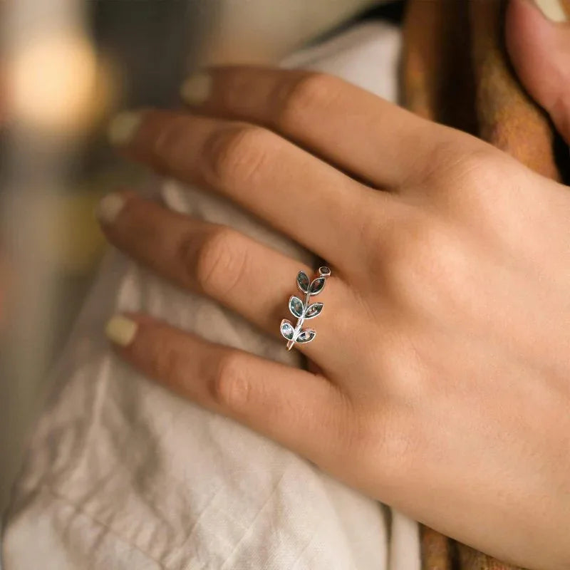 Moss Agate Leaf Vine Bypass Ring — ring worn on the hand