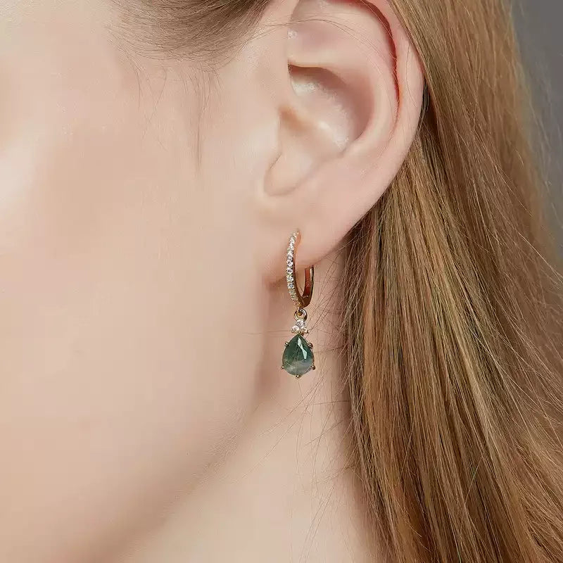 New Style Moss Agate Earrings — hand-worn scale view 2