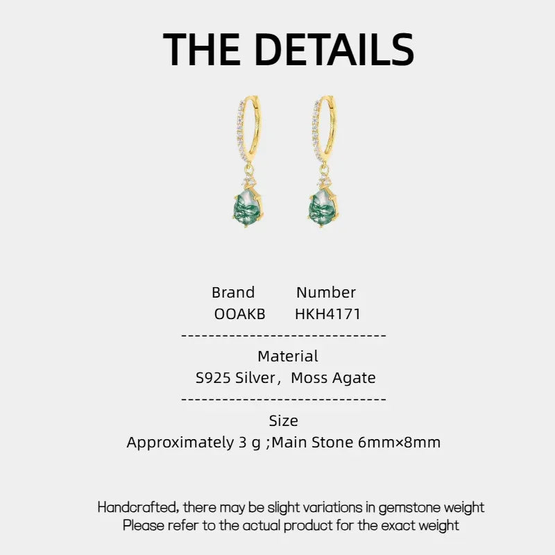 New Style Moss Agate Earrings — Moss Agate specification card with material and measurements