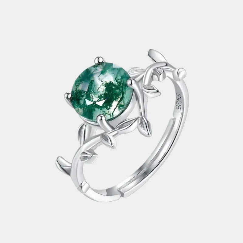Round Moss Agate Leaf-Vine Open Ring — isolated three-quarter ring view