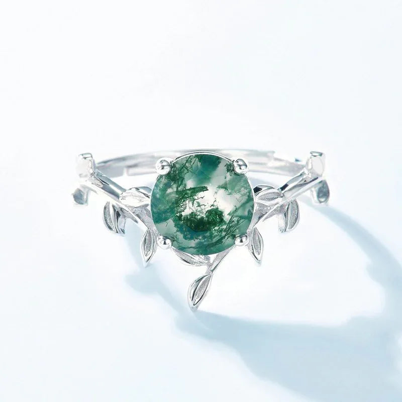 Round Moss Agate Leaf-Vine Open Ring — front product view showing vine-like shoulders