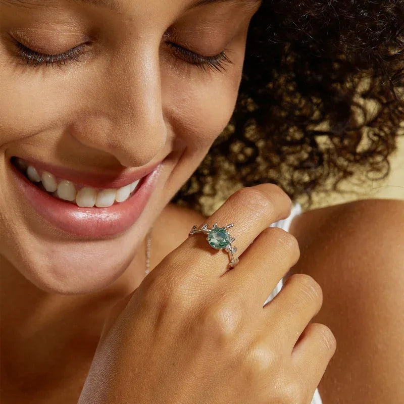 Round Moss Agate Leaf-Vine Open Ring — ring worn on the hand