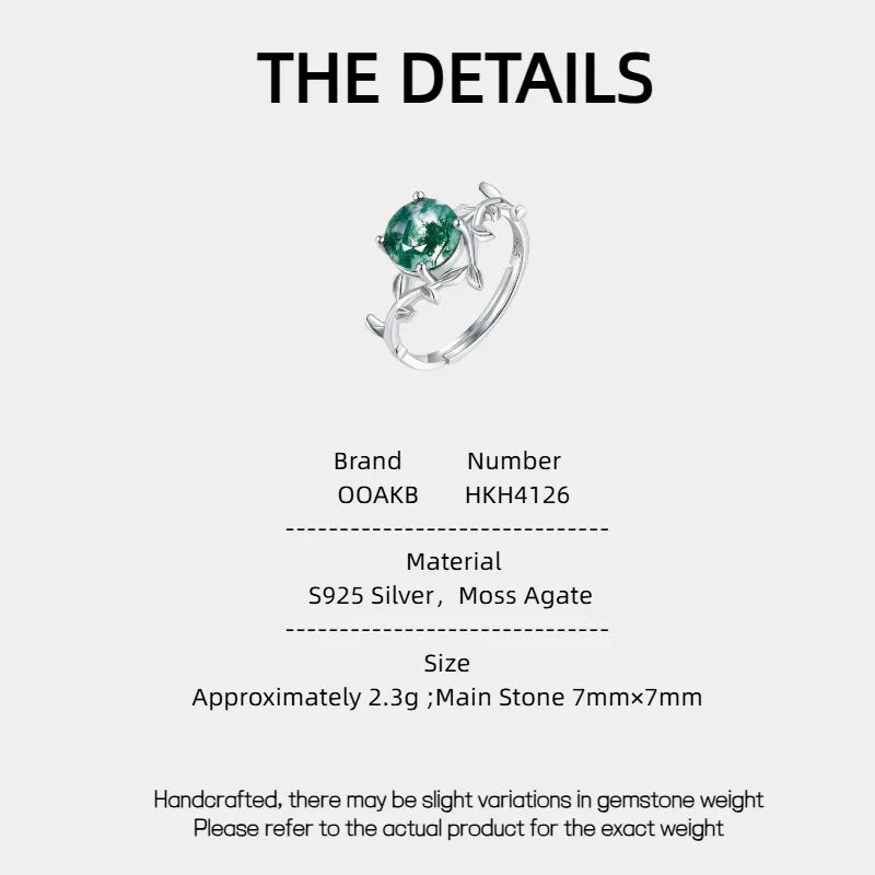 Round Moss Agate Leaf-Vine Open Ring — product specification card