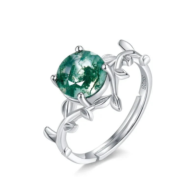 Round Moss Agate Leaf-Vine Open Ring — alternate isolated view