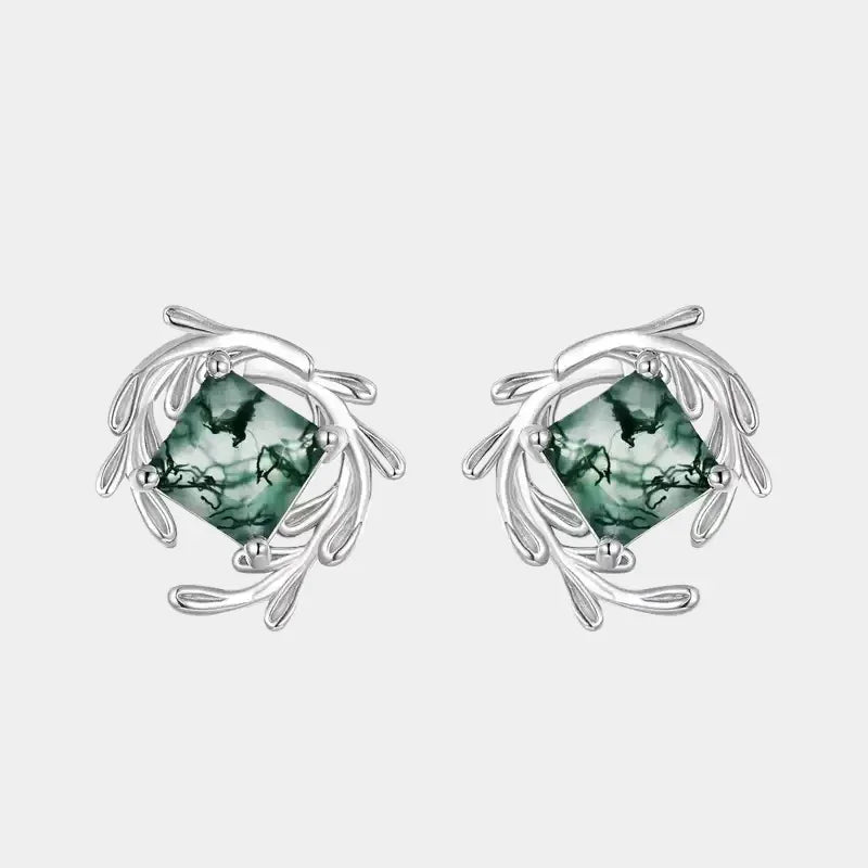 Round Moss Agate Leafy Frame Stud Earrings — paired front view