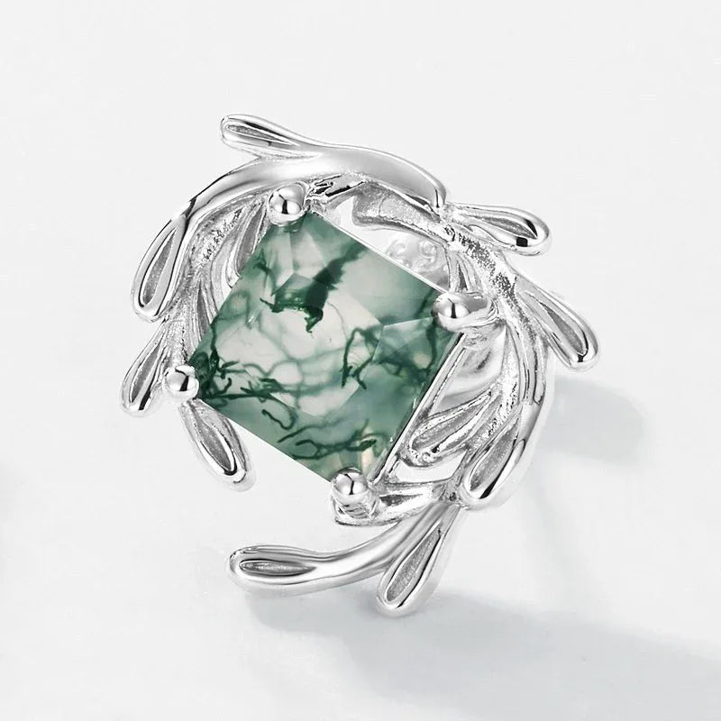 Round Moss Agate Leafy Frame Stud Earrings — single side close-up