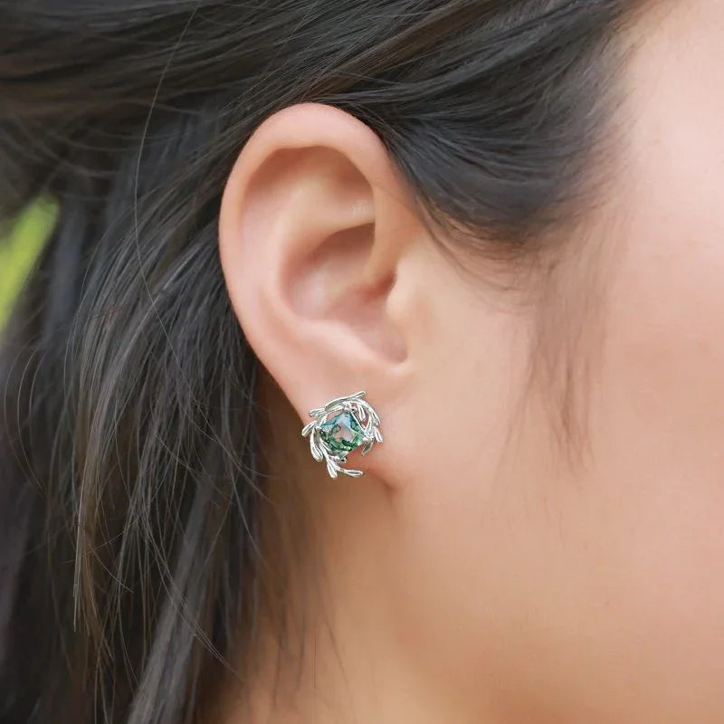 Round Moss Agate Leafy Frame Stud Earrings — single stud worn on the ear