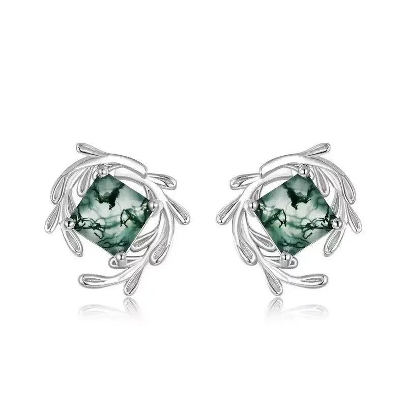 Round Moss Agate Leafy Frame Stud Earrings — alternate paired front view