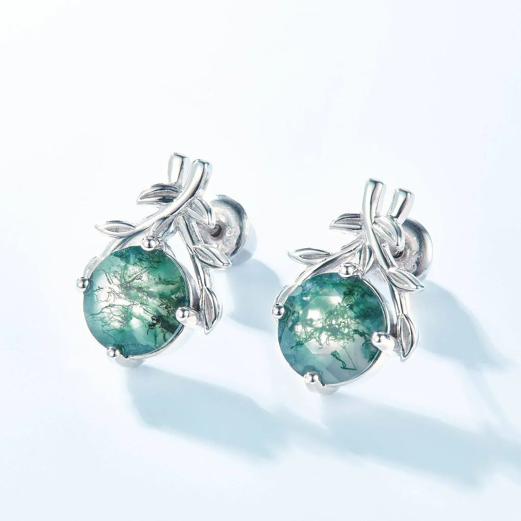 New Style Olive Branch Moss Agate Earrings — front setting detail 3