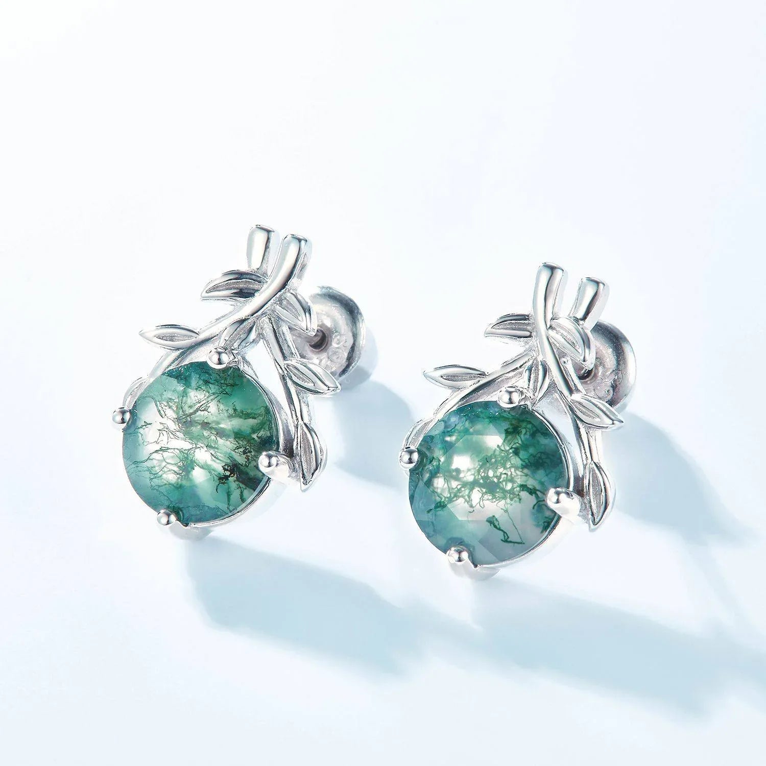 New Style Olive Branch Moss Agate Earrings — front setting detail 3