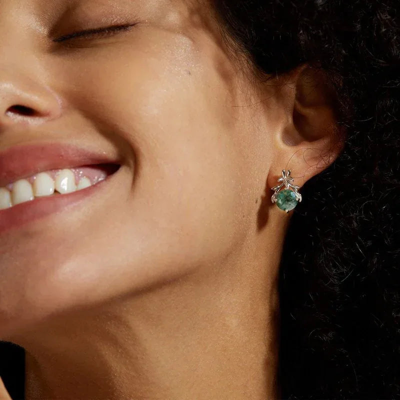 New Style Olive Branch Moss Agate Earrings — hand-worn scale view 2
