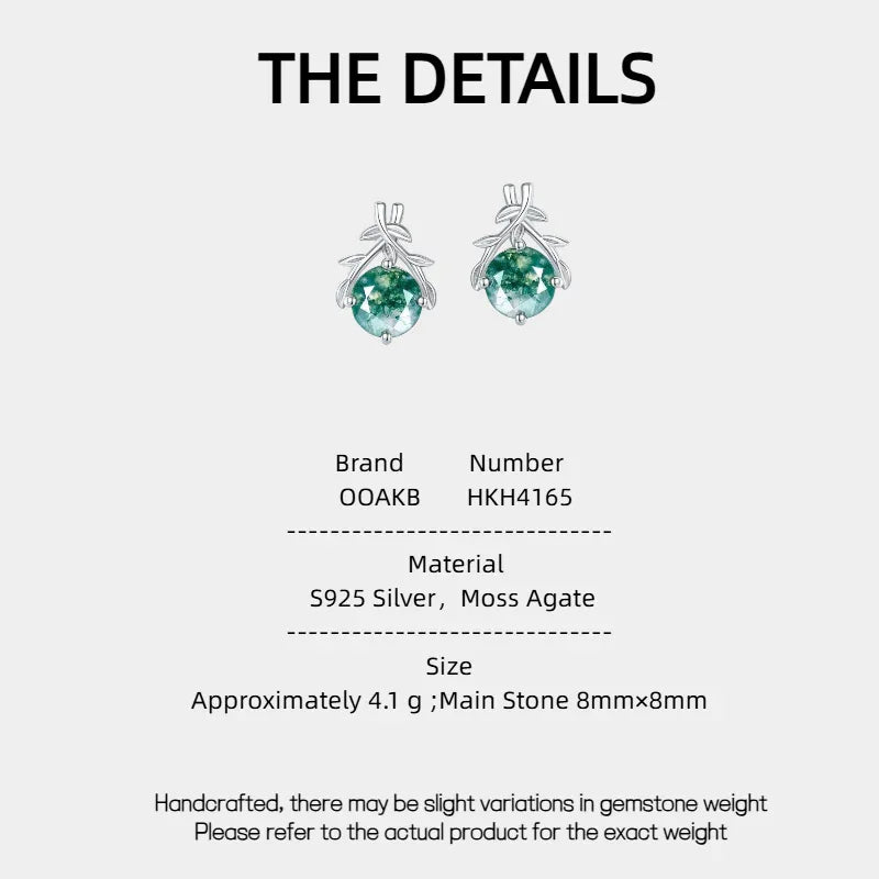 New Style Olive Branch Moss Agate Earrings — Moss Agate specification card with material and measurements
