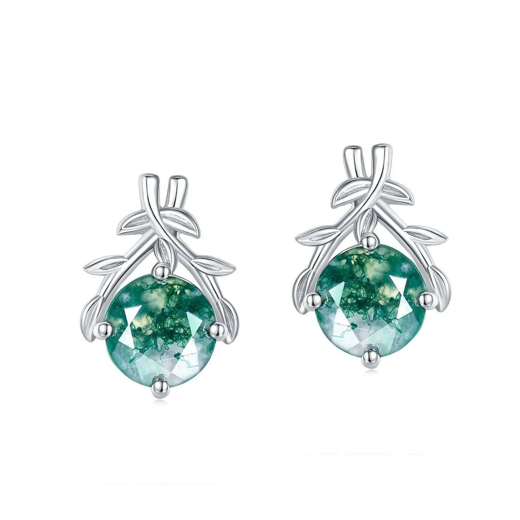 New Style Olive Branch Moss Agate Earrings — side profile and band detail 4