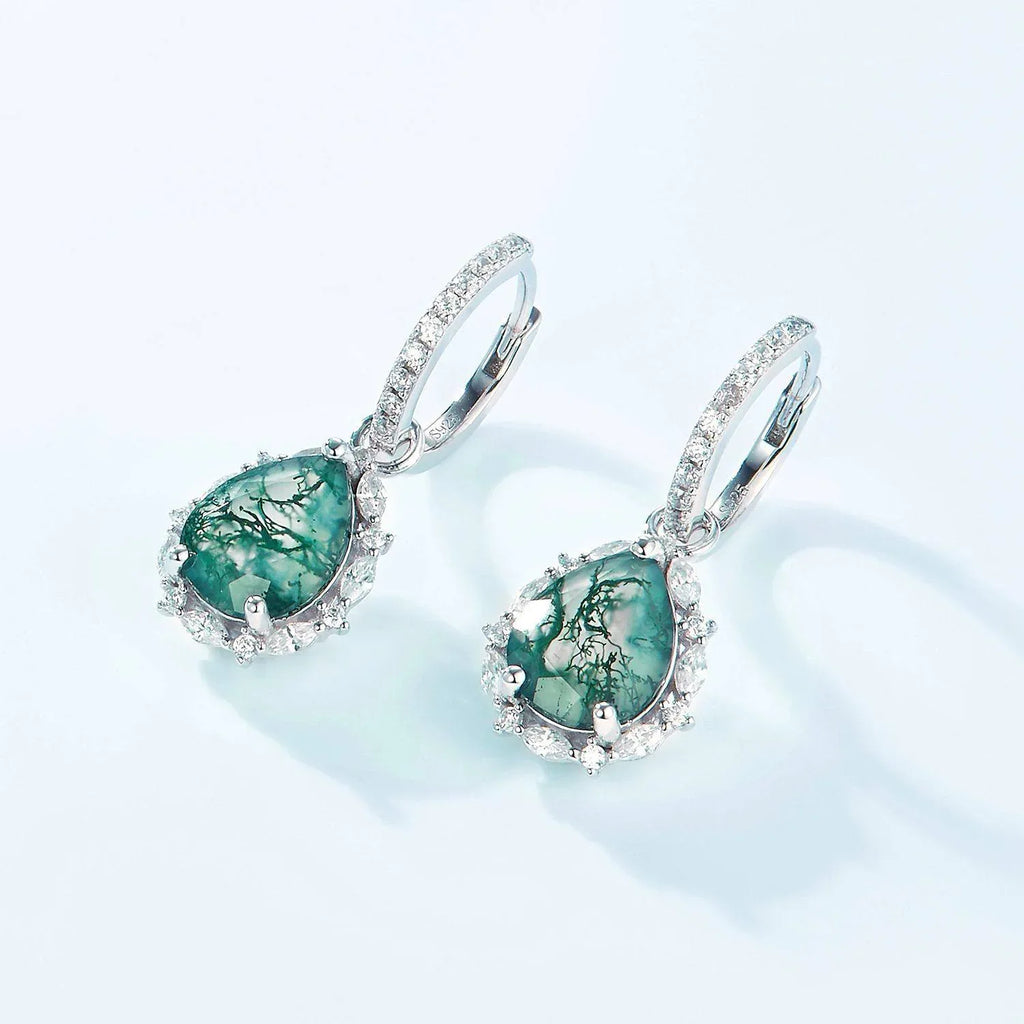 New Style Pear-Shaped Moss Agate Earrings — angled product view 5