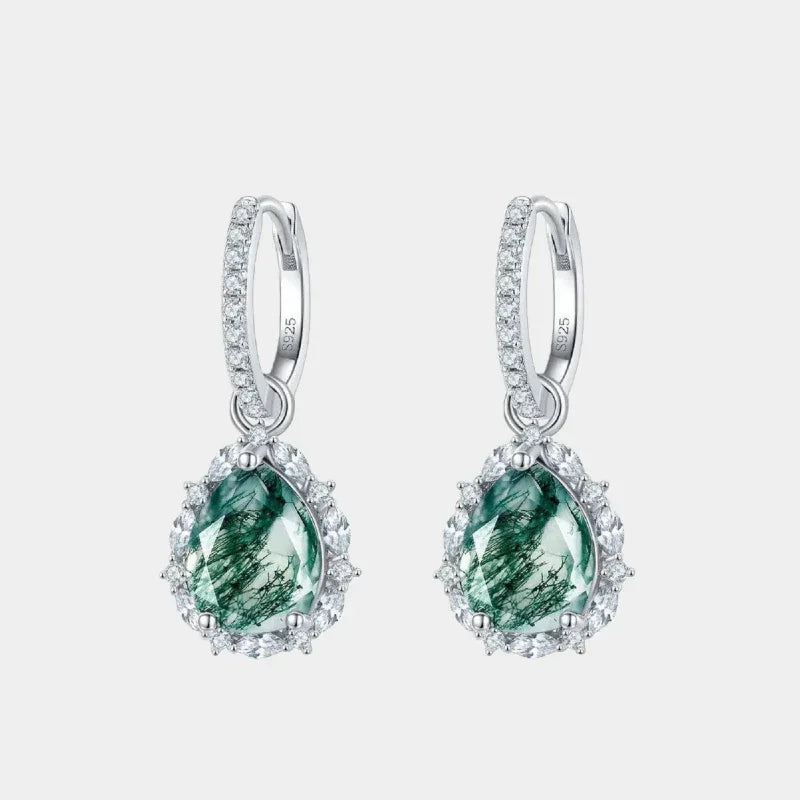 New Style Pear-Shaped Moss Agate Earrings — front product view on a light background