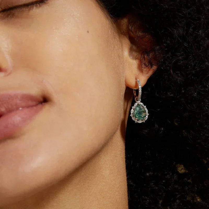 New Style Pear-Shaped Moss Agate Earrings — hand-worn scale view 2