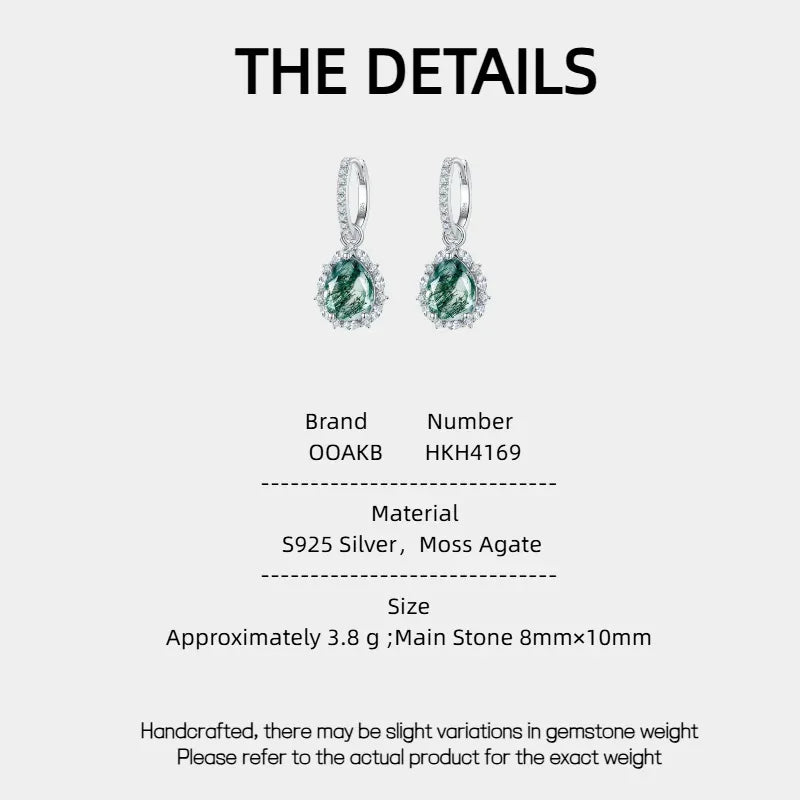 New Style Pear-Shaped Moss Agate Earrings — Moss Agate specification card with material and measurements