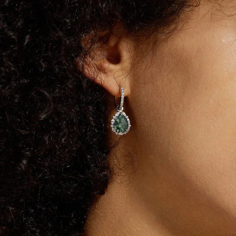 New Style Pear-Shaped Moss Agate Earrings — side profile and band detail 4