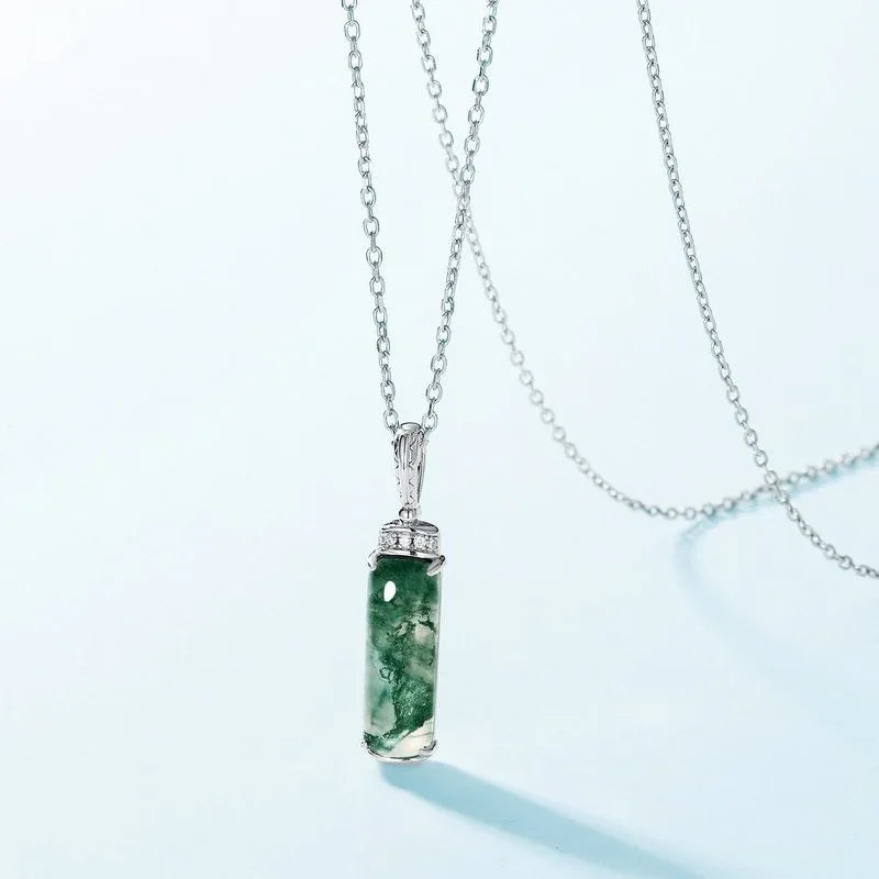 Moss Agate Perfume Bottle Pendant Necklace — angled full necklace arrangement