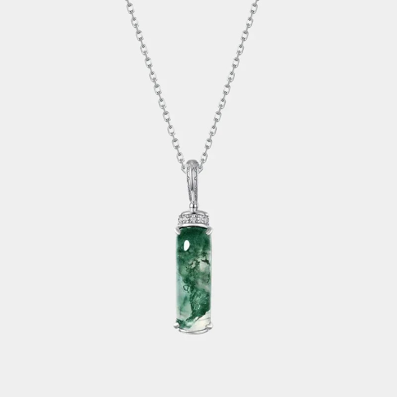 Moss Agate Perfume Bottle Pendant Necklace — full necklace on white background
