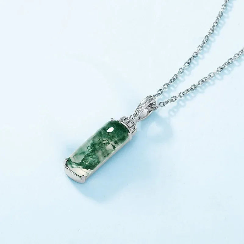 Moss Agate Perfume Bottle Pendant Necklace — angled pendant view