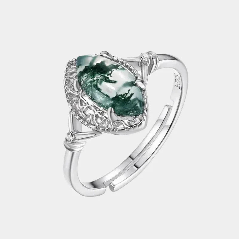 Pear-Shaped Moss Agate Leaf Accent Open Ring — isolated front product view