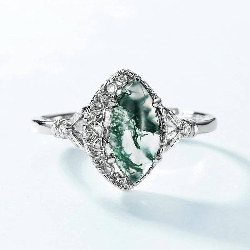 Pear-Shaped Moss Agate Leaf Accent Open Ring — angled setting and band close-up