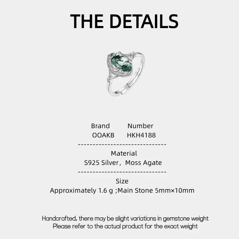 Pear-Shaped Moss Agate Leaf Accent Open Ring — product specification card