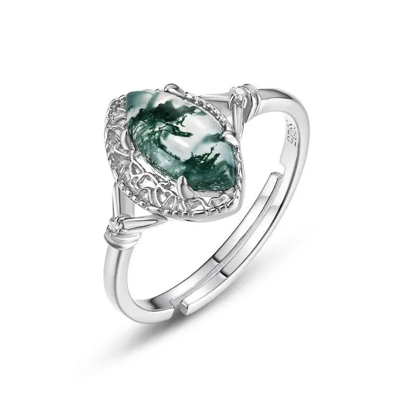 Pear-Shaped Moss Agate Leaf Accent Open Ring — alternate front product view