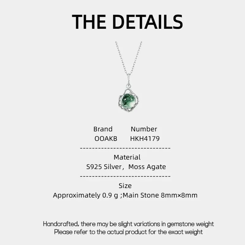 New Style Retro Elegant Moss Agate Pendant — Moss Agate specification card with material and measurements