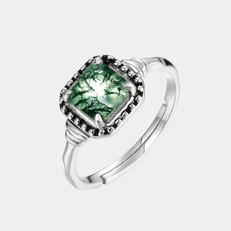 Square Moss Agate Beaded Frame Open Ring — isolated three-quarter ring view