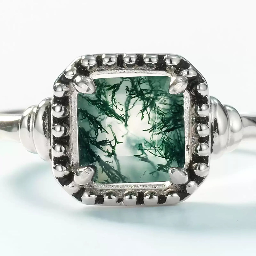 Square Moss Agate Beaded Frame Open Ring — square stone and beaded frame close-up