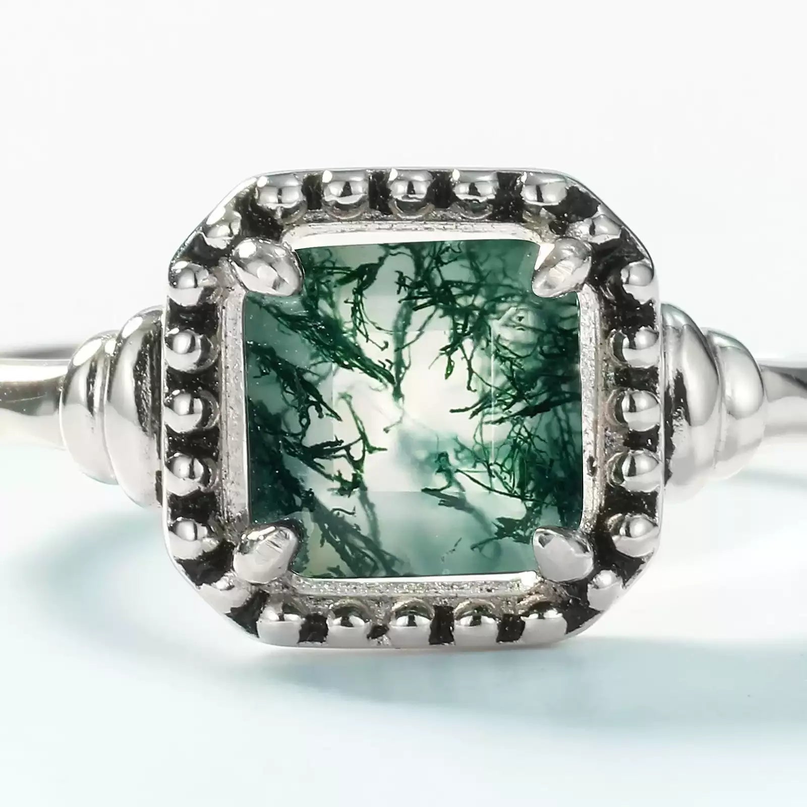 Square Moss Agate Beaded Frame Open Ring — square stone and beaded frame close-up