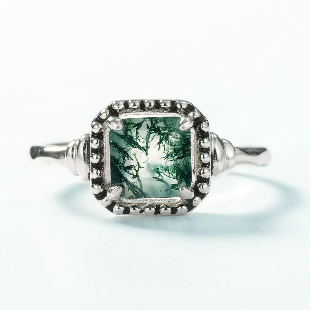 Square Moss Agate Beaded Frame Open Ring — front product view