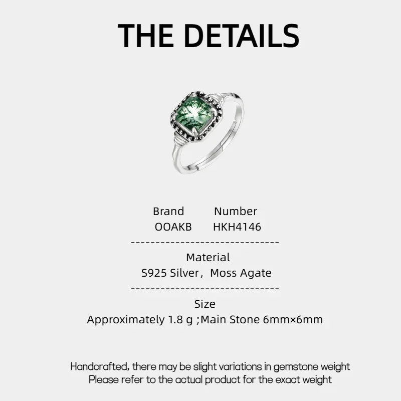 Square Moss Agate Beaded Frame Open Ring — product specification card