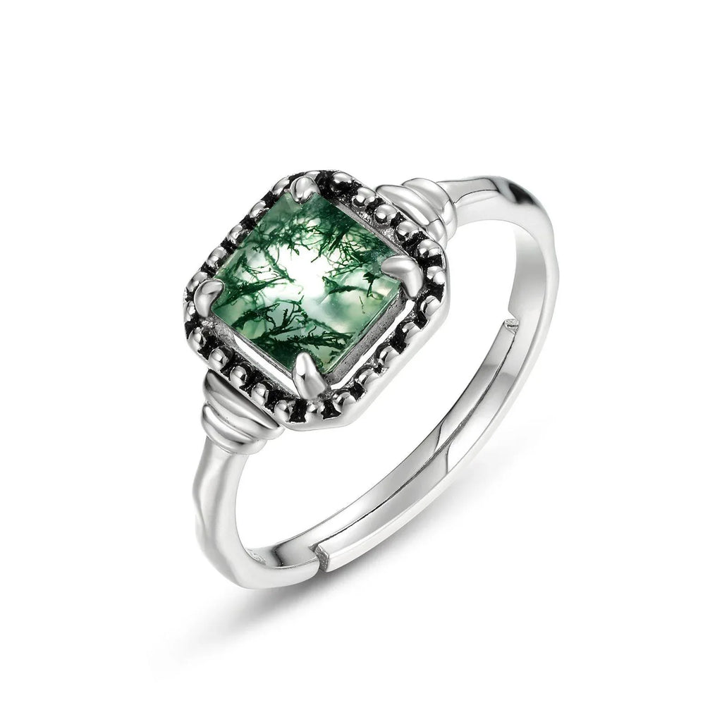 Square Moss Agate Beaded Frame Open Ring — alternate isolated view