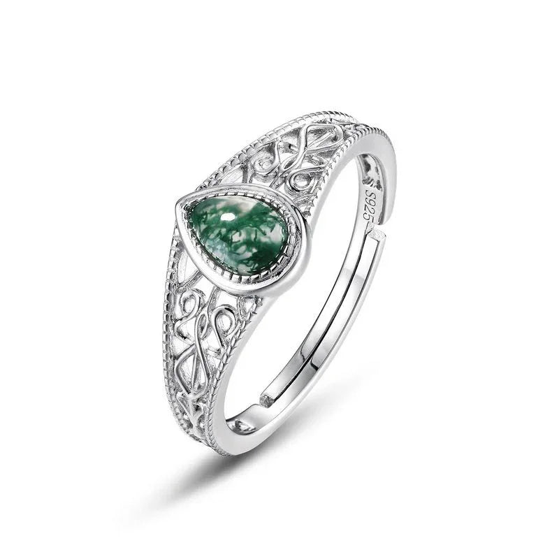 Pear-Shaped Moss Agate Filigree Band Open Ring — alternate isolated view