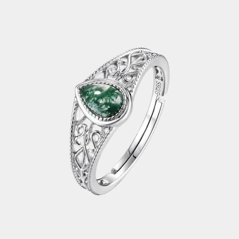 Pear-Shaped Moss Agate Filigree Band Open Ring — isolated three-quarter ring view