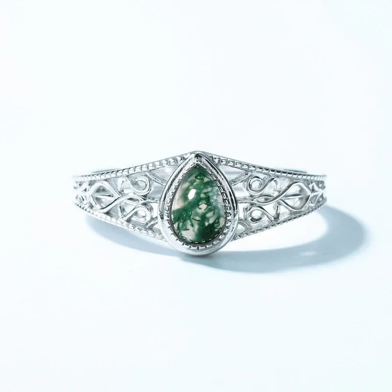 Pear-Shaped Moss Agate Filigree Band Open Ring — front product view