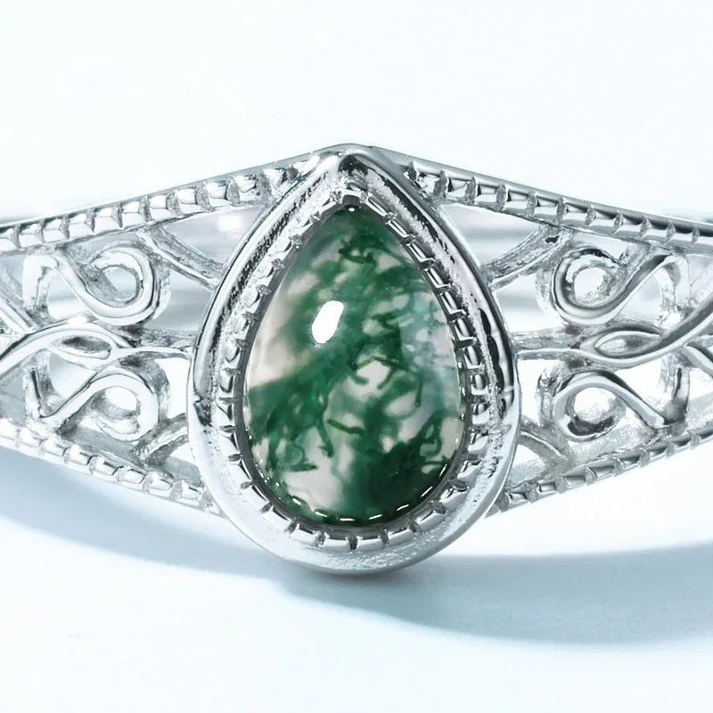 Pear-Shaped Moss Agate Filigree Band Open Ring — pear center and filigree band close-up
