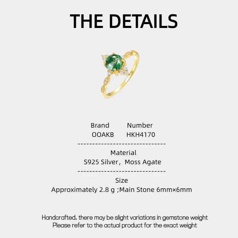 New Style Retro Moss Agate Ring — Moss Agate specification card with material and measurements