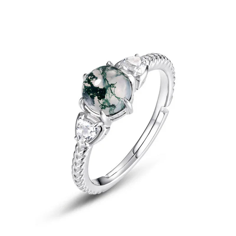 Round Six-Prong Moss Agate Leaf Shoulder Open Ring — alternate isolated view