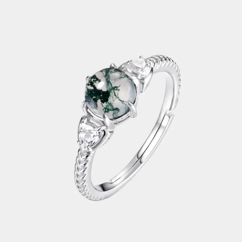 Round Six-Prong Moss Agate Leaf Shoulder Open Ring — isolated three-quarter ring view