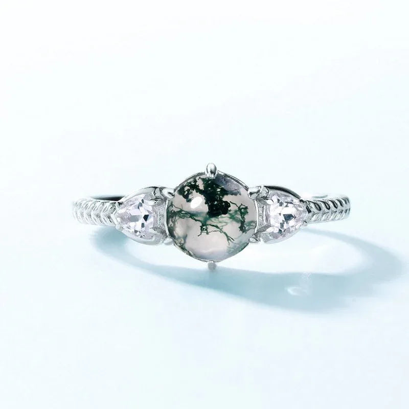 Round Six-Prong Moss Agate Leaf Shoulder Open Ring — front product view